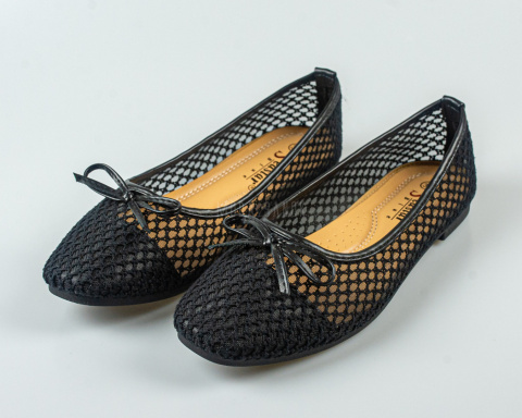 Koronkowe, siateczkowe balerinki damskie w kolorze czarnym z ozdobną kokardką SEASTAR - MODA SANOK