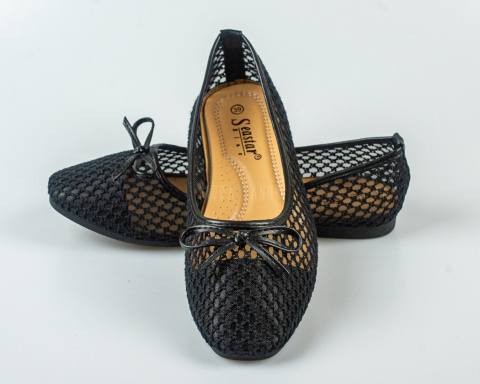 Koronkowe, siateczkowe balerinki damskie w kolorze czarnym z ozdobną kokardką SEASTAR - MODA SANOK