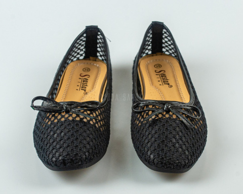 Koronkowe, siateczkowe balerinki damskie w kolorze czarnym z ozdobną kokardką SEASTAR - MODA SANOK