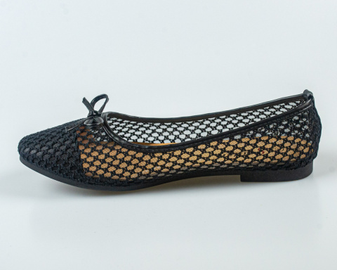 Koronkowe, siateczkowe balerinki damskie w kolorze czarnym z ozdobną kokardką SEASTAR - MODA SANOK