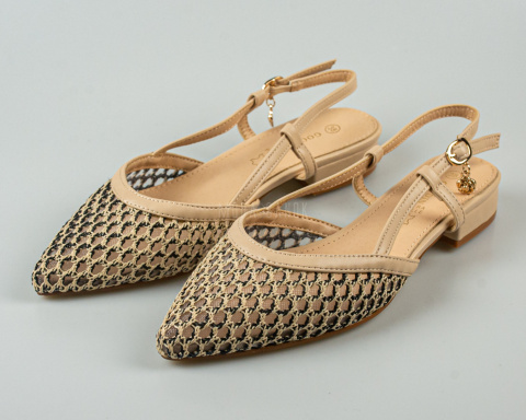 Sandały, czółenka damskie z ażurowy zdobieniem w kolorze beżowym z odkrytą piętą GOODIN-MODA SANOK