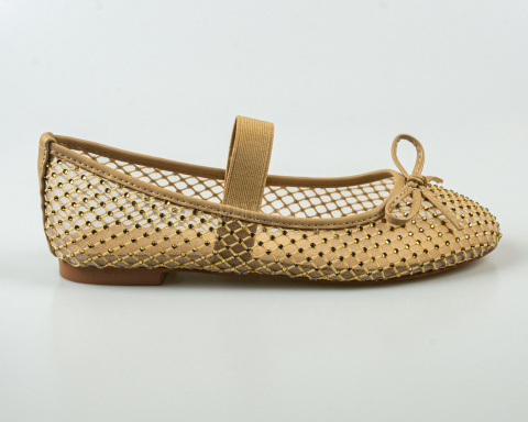 Siateczkowe balerinki damskie w kolorze beżowym z gumką i cyrkoniami GOODIN - MODA SANOK