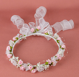 Wianek komunijny dziewczęcy z białymi szyfonowymi kwiatuszkami i z szyfonową wstążką -  MODA SANOK