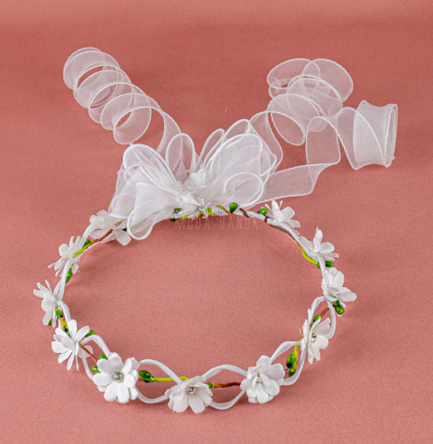 Wianek komunijny subtelny, delikatny z białymi kwiatuszkami z cyrkonią oraz z szyfonową wstążką - MODA SANOK