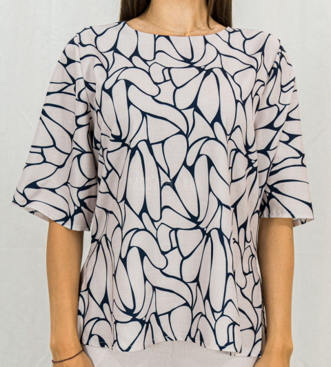 Beżowo granatowy elegancki damski komplet zwiewny, lekki spodnie + bluzka ERICO - MODA SANOK