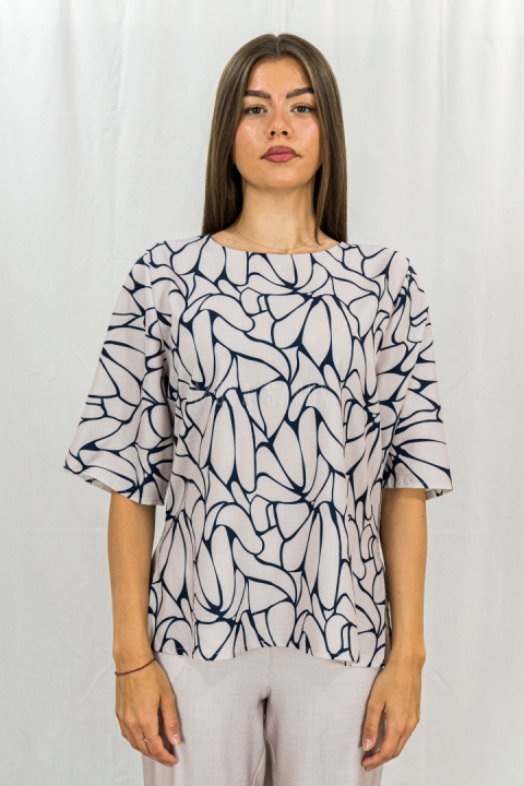 Beżowo granatowy elegancki damski komplet zwiewny, lekki spodnie + bluzka ERICO - MODA SANOK