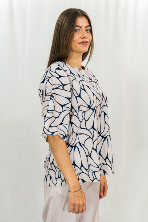 Beżowo granatowy elegancki damski komplet zwiewny, lekki spodnie + bluzka ERICO - MODA SANOK