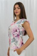 Bluzka damska w kolorowe kwiaty z krótkim falbankowym rękawem i dekoltem w literkę V - MADEX - MODA SANOK