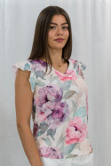 Bluzka damska w kolorowe kwiaty z krótkim falbankowym rękawem i dekoltem w literkę V - MADEX - MODA SANOK