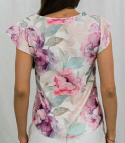 Bluzka damska w kolorowe kwiaty z krótkim falbankowym rękawem i dekoltem w literkę V - MADEX - MODA SANOK