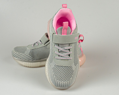Dziewczęce sportowe buty w kolorze szarym z różowymi dodatkami zapinane na rzep - MODA SANOK