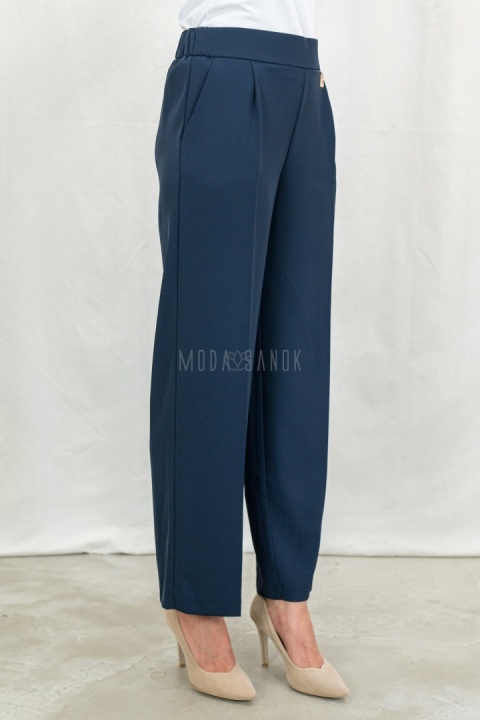 Eleganckie granatowe spodnie damskie BARTON proste lejące w kant z gumą w pasie - MODA SANOK