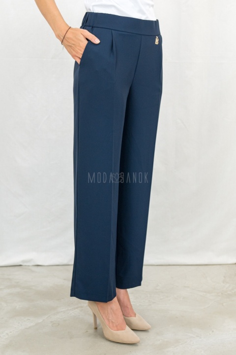 Eleganckie granatowe spodnie damskie BARTON proste lejące w kant z gumą w pasie - MODA SANOK