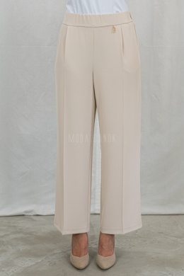 Eleganckie jasno beżowe spodnie damskie BARTON proste lejące w kant z gumą w pasie - MODA SANOK