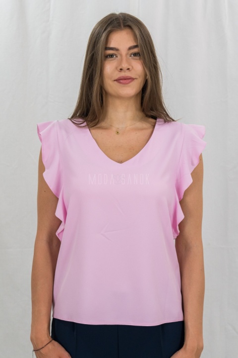Jednokolorowa elegancka bluzka damska w kolorze pudrowego różu z motylkowym rękawem i dekoltem w serek PUR-PURA - MODA SANOK