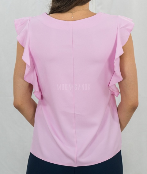 Jednokolorowa elegancka bluzka damska w kolorze pudrowego różu z motylkowym rękawem i dekoltem w serek PUR-PURA - MODA SANOK