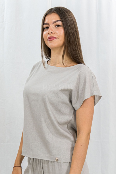 Zestaw damski komplet beżowy bluzka z krótkim rękawem i szerokie lużne spodnie na gumce BARTON - MODA SANOK