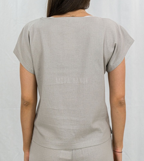 Zestaw damski komplet beżowy bluzka z krótkim rękawem i szerokie lużne spodnie na gumce BARTON - MODA SANOK