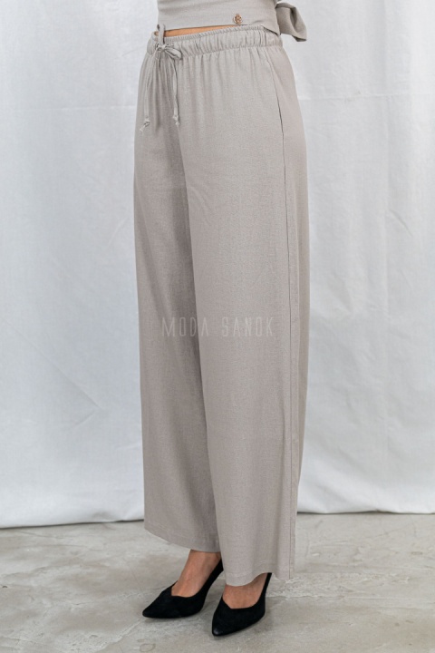 Zestaw damski komplet beżowy bluzka z krótkim rękawem i szerokie lużne spodnie na gumce BARTON - MODA SANOK