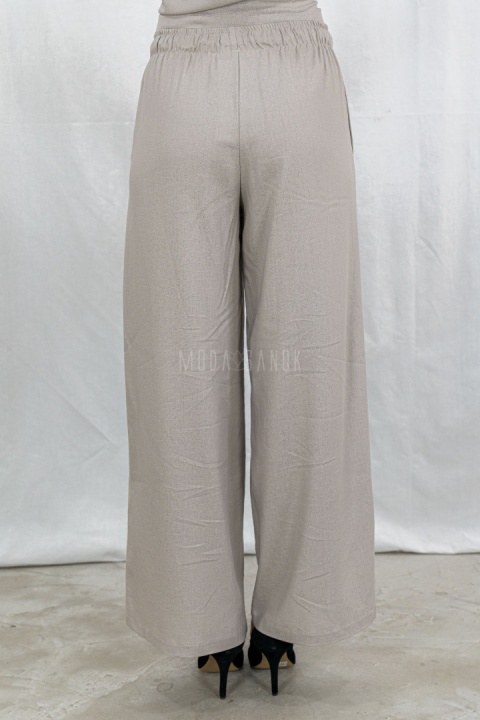 Zestaw damski komplet beżowy bluzka z krótkim rękawem i szerokie lużne spodnie na gumce BARTON - MODA SANOK