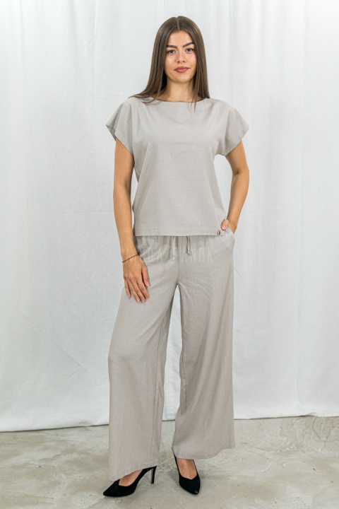 Zestaw damski komplet beżowy bluzka z krótkim rękawem i szerokie lużne spodnie na gumce BARTON - MODA SANOK