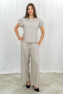 Zestaw damski komplet beżowy bluzka z krótkim rękawem i szerokie lużne spodnie na gumce BARTON - MODA SANOK