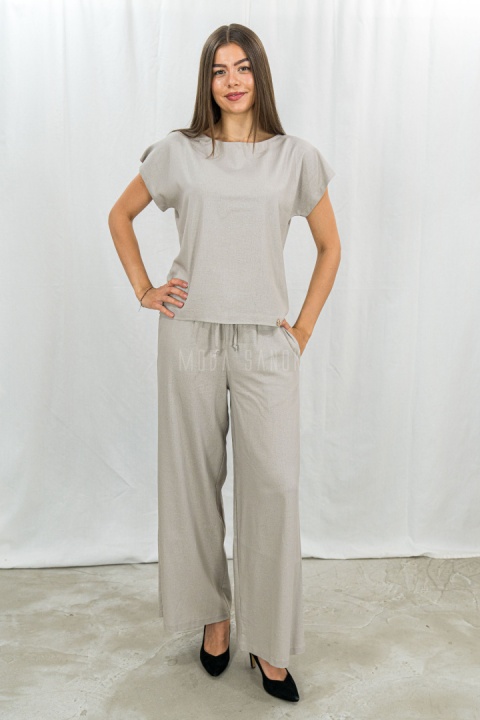 Zestaw damski komplet beżowy bluzka z krótkim rękawem i szerokie lużne spodnie na gumce BARTON - MODA SANOK