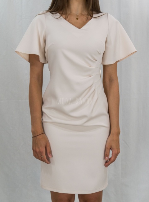 Elegancka kobieca  sukienka z krótkim rękawem w  kolorze jasnego beżu TRYNITE - MODA SANOK