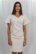 Elegancka kobieca  sukienka z krótkim rękawem w kolorze jasnego beżu TRYNITE - MODA SANOK