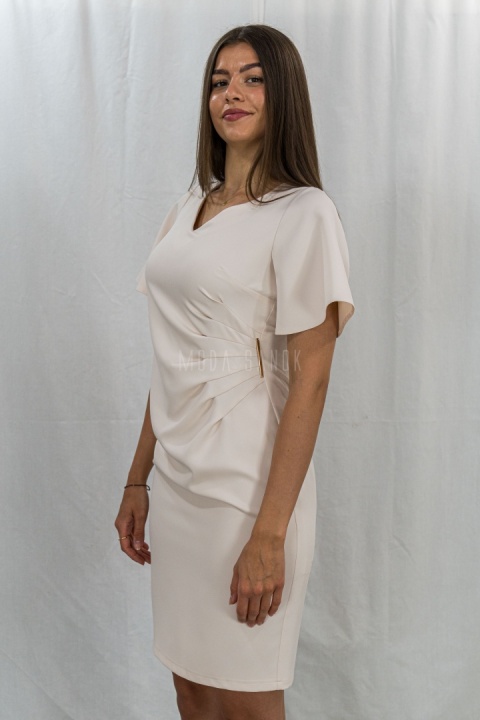 Elegancka kobieca  sukienka z krótkim rękawem w kolorze jasnego beżu TRYNITE - MODA SANOK