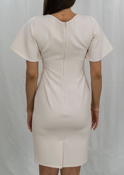 Elegancka kobieca  sukienka z krótkim rękawem w kolorze jasnego beżu TRYNITE - MODA SANOK