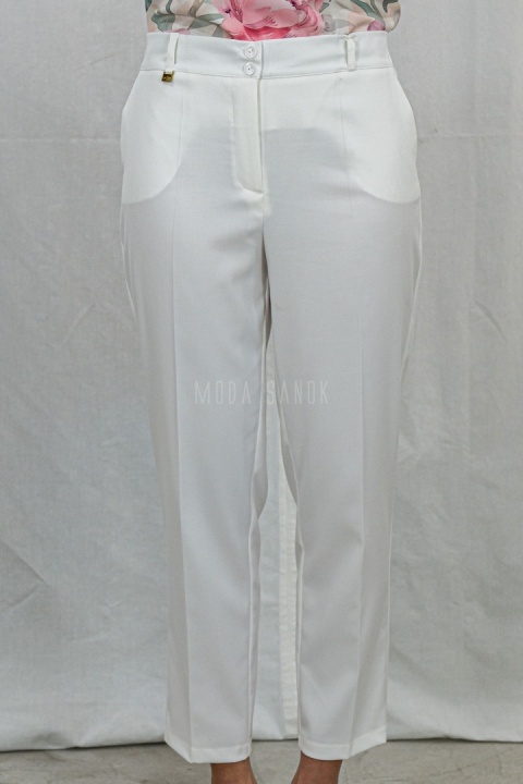 Eleganckie klasyczne zwężane spodnie damskie MTM w kolorze białym z gumką w pasie - MODA SANOK