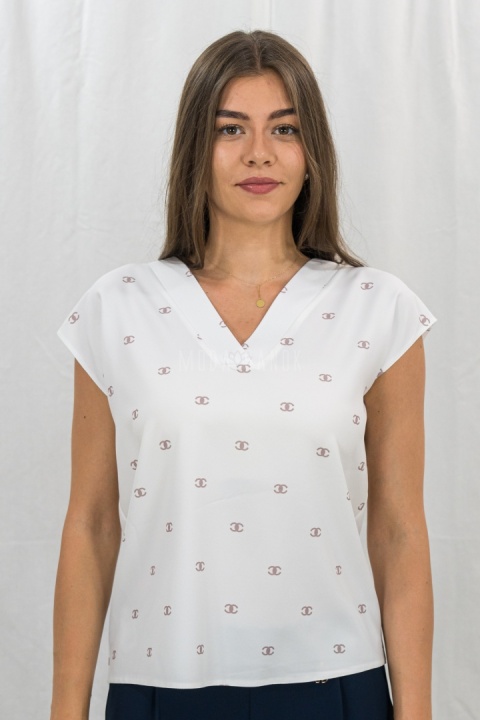 Biała bluzka  damska z krótkim rękawem, beżowym wzorem i dekoltem w serek PURPURA - MODA SANOK