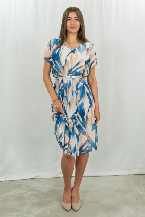 Elegancka wizytowa rozkloszowana kobieca sukienka za kolano, krótki rękaw z dekolem w literk V  NELLA- MODA SANOK