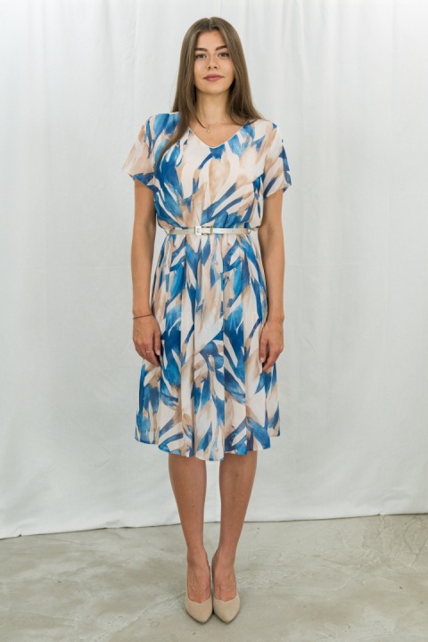 Elegancka wizytowa rozkloszowana kobieca sukienka za kolano, krótki rękaw z dekolem w literk V  NELLA- MODA SANOK