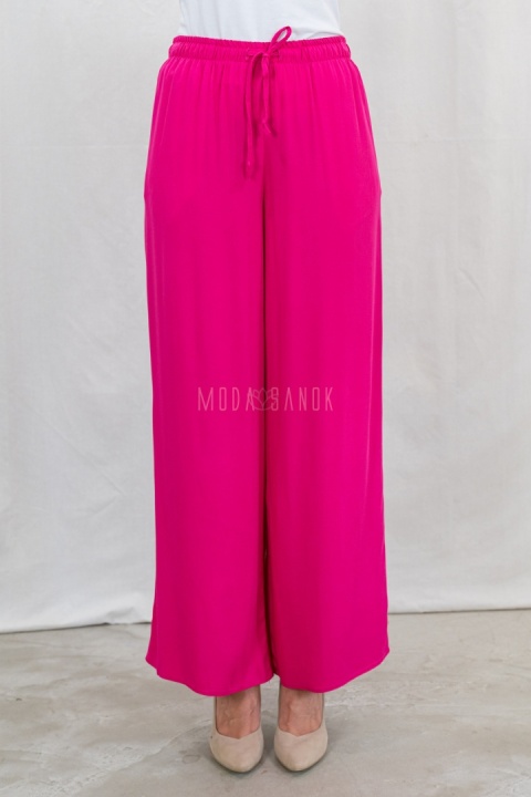 Fuksjowe letnie spodnie damskie z szeroką nogawką casualowe BARTON - MODA SANOK