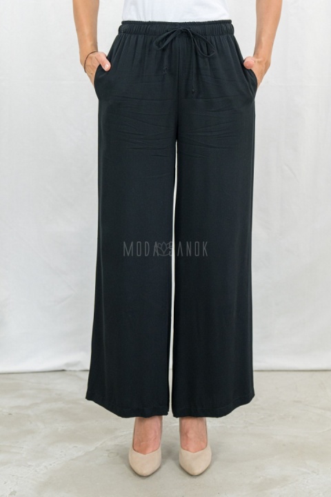 Czarne letnie spodnie damskie z szeroką nogawką casualowe BARTON - MODA SANOK
