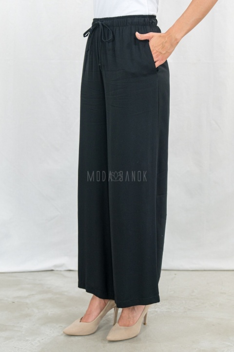 Czarne letnie spodnie damskie z szeroką nogawką casualowe BARTON - MODA SANOK