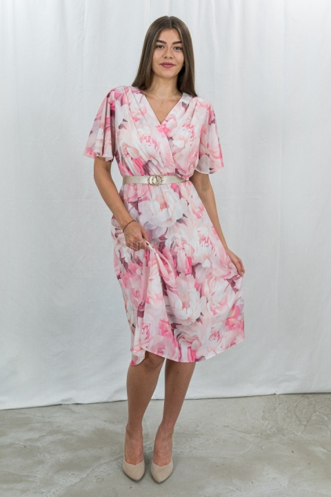 Różowa sukienka wyjściowa w kwiecistym wzorze MARISA - MODA SANOK