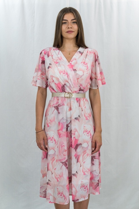 Różowa sukienka wyjściowa w kwiecistym wzorze MARISA - MODA SANOK