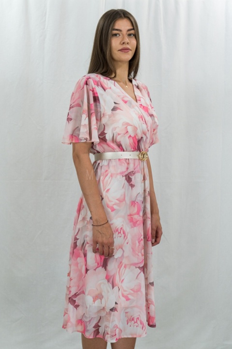 Różowa sukienka wyjściowa w kwiecistym wzorze MARISA - MODA SANOK