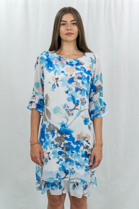 Szyfonowa sukienka wyjściowa niebiesko-biała JIS COLLECTION - MODA SANOK