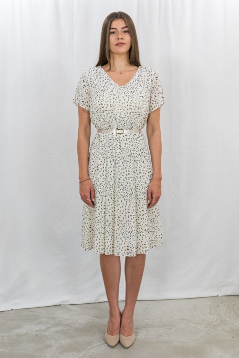 Beżowa sukienka ze złoto-czarnym printem NELLA COLLECTION - MODA SANOK