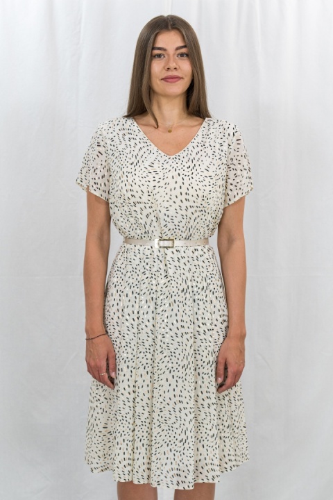 Beżowa sukienka ze złoto-czarnym printem NELLA COLLECTION - MODA SANOK