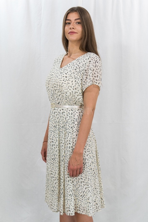 Beżowa sukienka ze złoto-czarnym printem NELLA COLLECTION - MODA SANOK