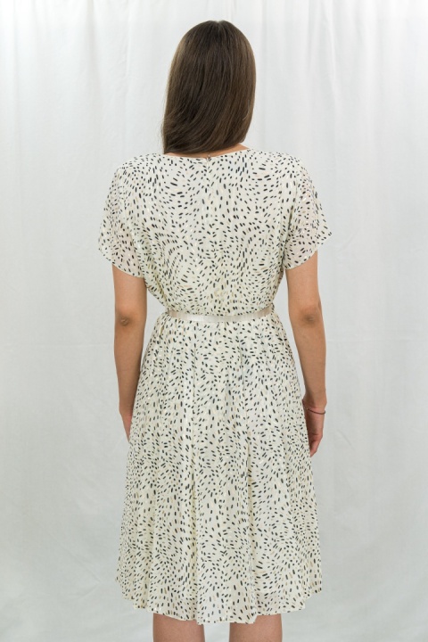 Beżowa sukienka ze złoto-czarnym printem NELLA COLLECTION - MODA SANOK