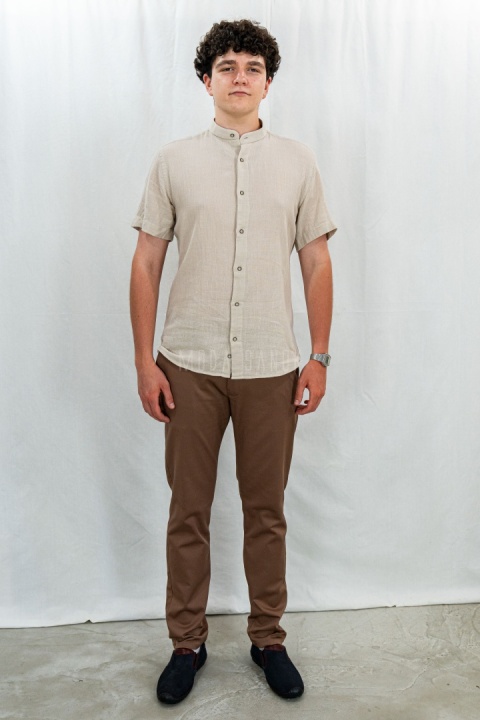 Bawełniana Koszula Męska ciemny beż z krótkim rękawem w kroju slim fit ESPADA MEN'S WEAR - MODA SANOK