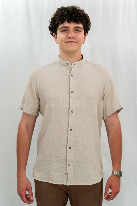 Bawełniana Koszula Męska ciemny beż z krótkim rękawem w kroju slim fit ESPADA MEN'S WEAR - MODA SANOK