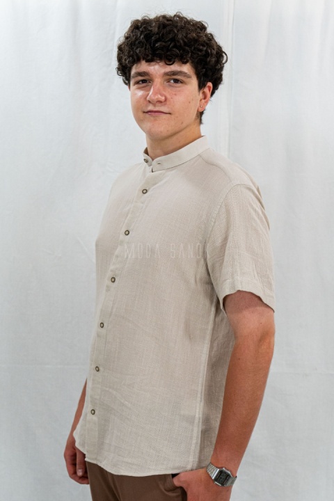 Bawełniana Koszula Męska ciemny beż z krótkim rękawem w kroju slim fit ESPADA MEN'S WEAR - MODA SANOK