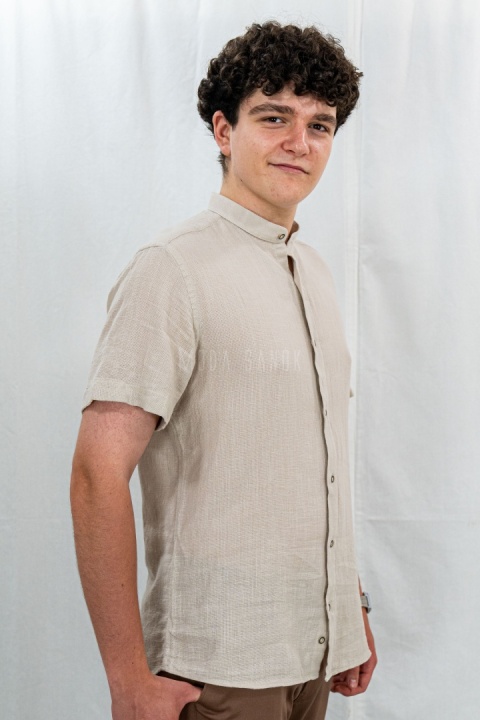 Bawełniana Koszula Męska ciemny beż z krótkim rękawem w kroju slim fit ESPADA MEN'S WEAR - MODA SANOK